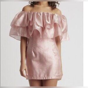 Off Shoulder Shimmery Blush Ruffled Dress